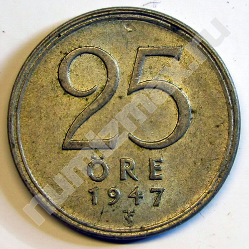 Монета: 25 эре 1947 г. (реверс)